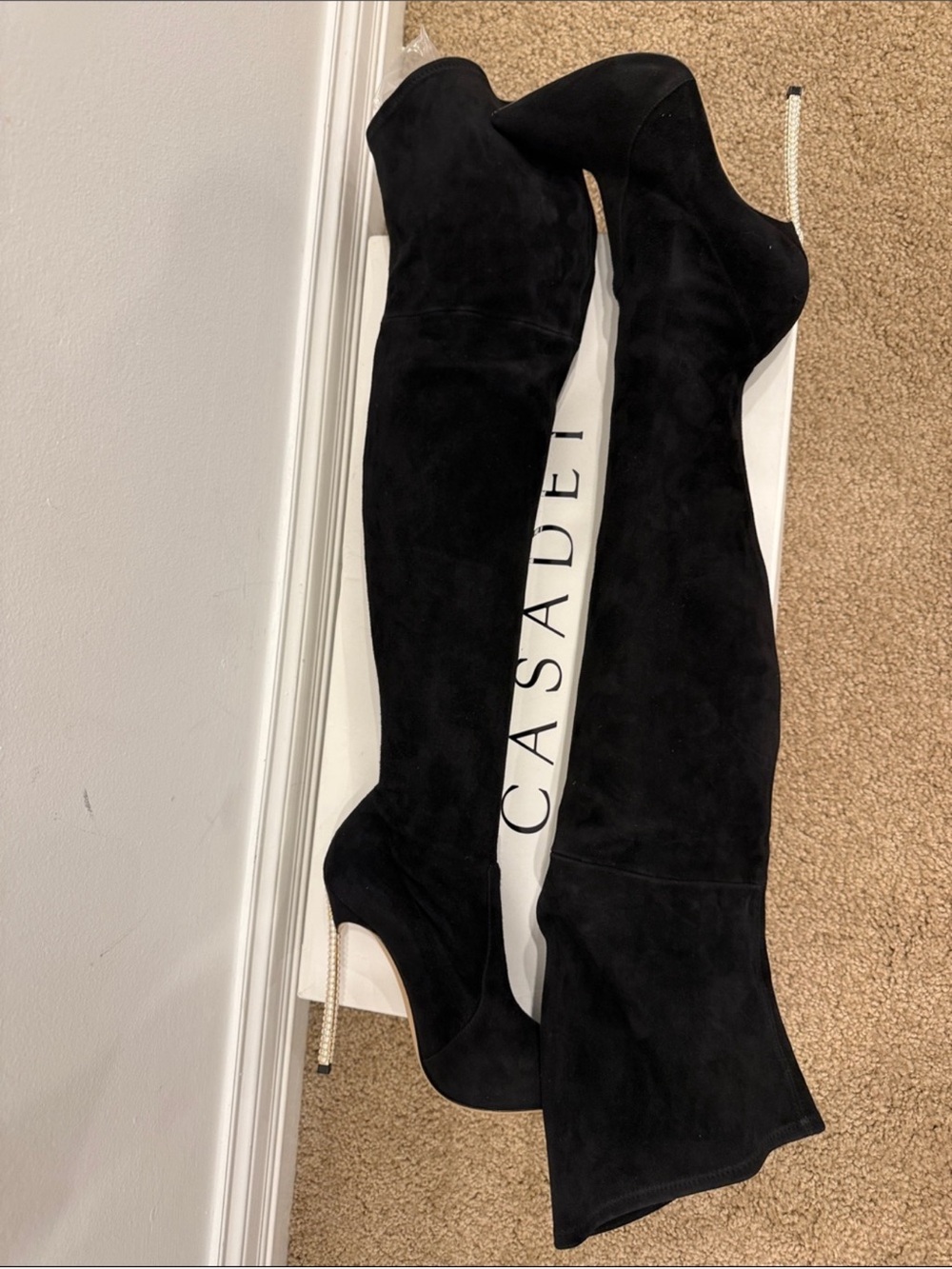 Casadei Black Suede Over The Knee Pearl Heel Boots 37 / US 7 Statement Luxury - Picture 6 of 10
